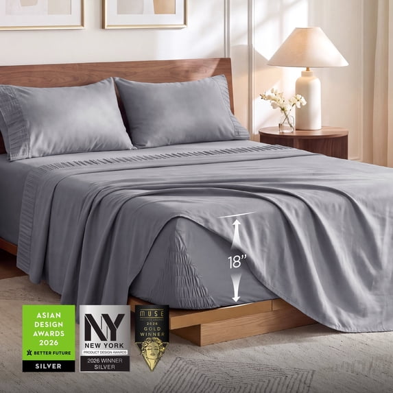 U by Bedsure Stay Put Queen Sheet Sets, 4 Piece 18" Deep Pockets Non-Slip Polyester Microfiber Bed Sheets, Gray