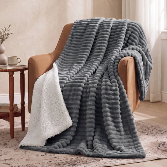 U by Bedsure Sherpa Throw Blanket 50x60, Textured Ribbed Fleece Throw for Couch, Soft Cozy Warm Throw for Bed and Sofa, Smoke Grey