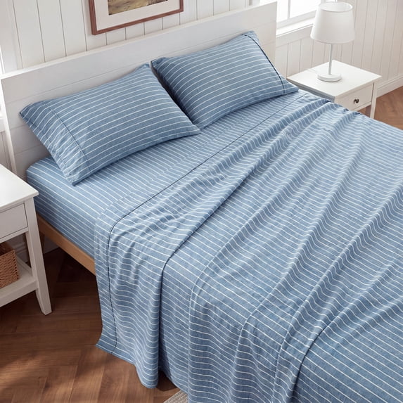U by Bedsure Striped King Sheets Set, 4 Piece 16" Deep Pockets Soft Prewashed Microfiber Jacquard Bed Sheets, Blue