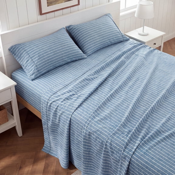 U by Bedsure Striped King Sheets Set, 4 Piece 16" Deep Pockets Soft Prewashed Microfiber Jacquard Bed Sheets, Blue