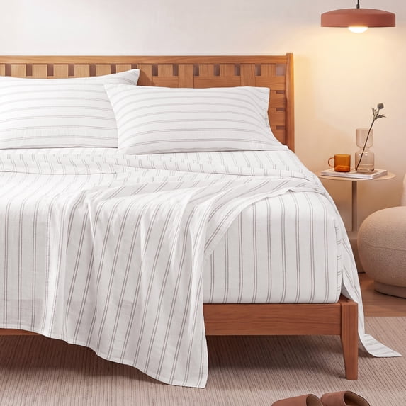 U by Bedsure Striped King Sheets Set, 4 Piece 16" Deep Pockets Soft Prewashed Microfiber Jacquard Bed Sheets, White