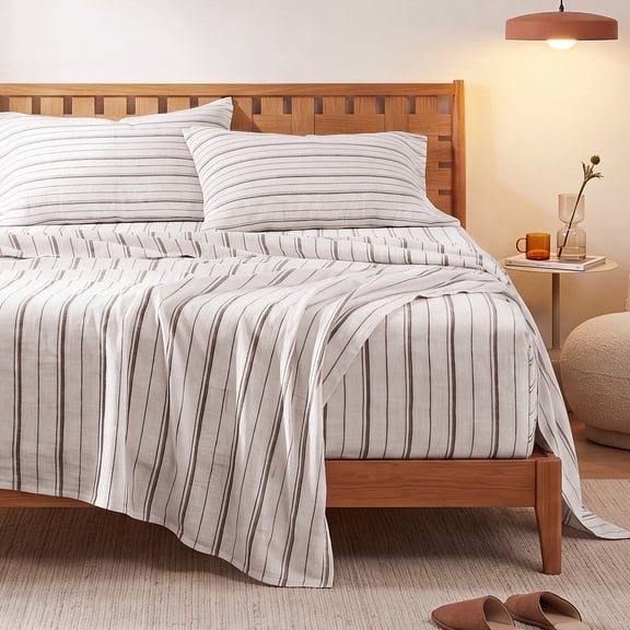 U by Bedsure Striped Queen Sheets Set, 4 Piece 16" Deep Pockets Soft Prewashed Microfiber Jacquard Bed Sheets, Beige