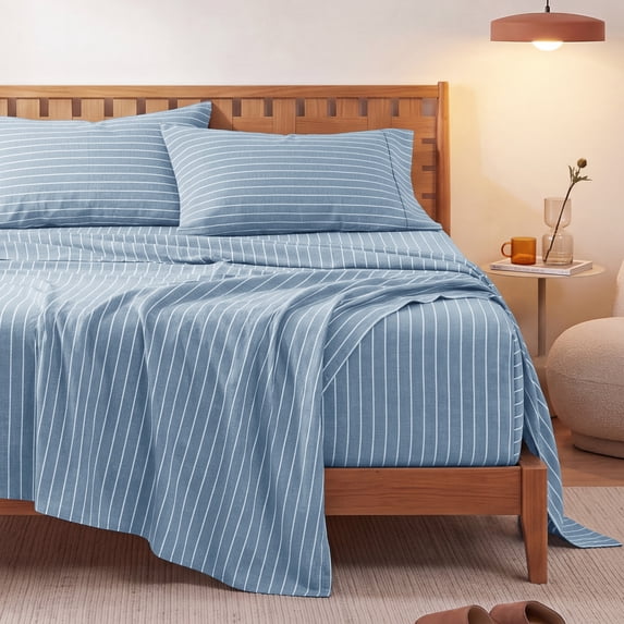 U by Bedsure Striped Queen Sheets Set, 4 Piece 16" Deep Pockets Soft Prewashed Microfiber Jacquard Bed Sheets, Blue
