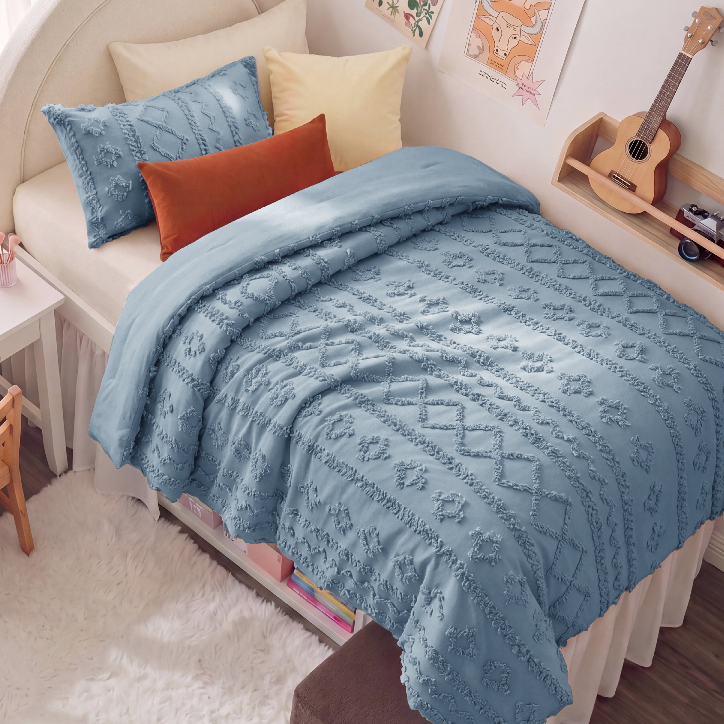 U Bedsure U by Bedsure Tufted Boho Twin XL Comforter Set, 2 Pieces Farmhouse Shabby Chic Embroidery Bedding Set, Soft Jacquard Grey Blue Comforter for All Seasons, Twin