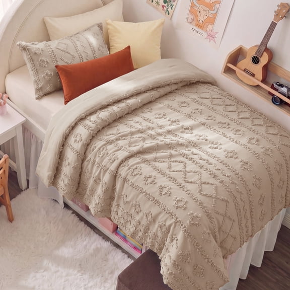 U by Bedsure Tufted Boho Twin XL Comforter Set, 2 Pieces Farmhouse Shabby Chic Embroidery Khaki Bedding Set, Soft Jacquard Comforter for All Seasons, Twin