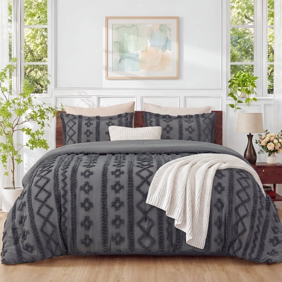 U by Bedsure Tufted Boho Full Comforter Set, 3 Pieces Farmhouse Shabby Chic Embroidery Bedding Set, Soft Jacquard Dark Grey Comforter for All Seasons