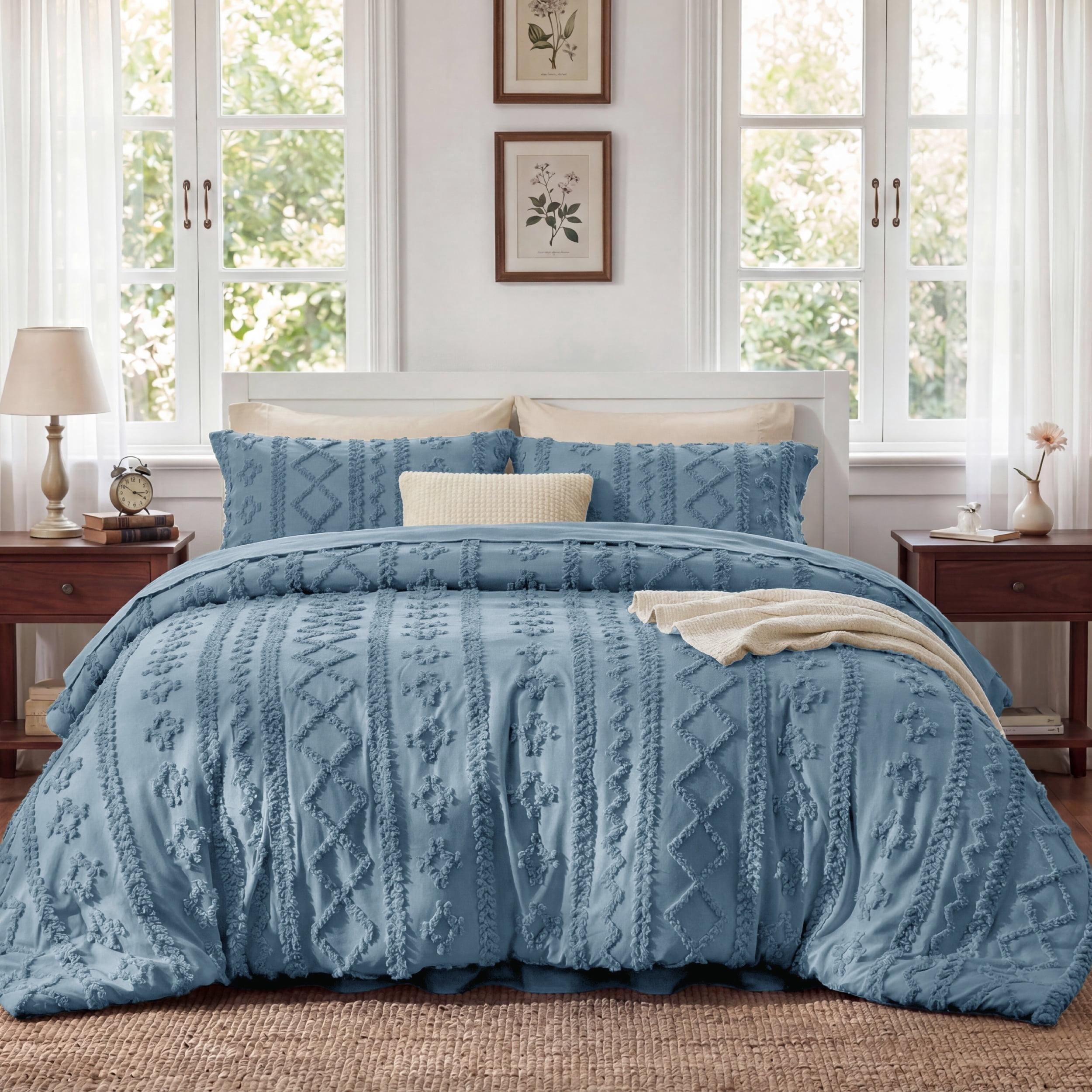 U Bedsure U by Bedsure Full Tufted Boho Comforter Set, 3 Pieces Farmhouse Shabby Chic Embroidery Bedding Set, Soft Jacquard Grey Blue Comforter for All Seasons
