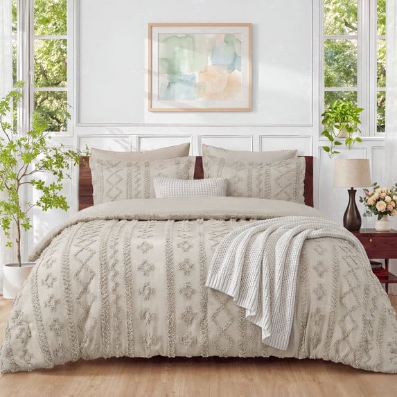 U by Bedsure Full Tufted Boho Comforter Set, 3 Pieces Farmhouse Shabby Chic Embroidery Linen Bedding Set, Soft Jacquard Comforter for All Seasons, Natural