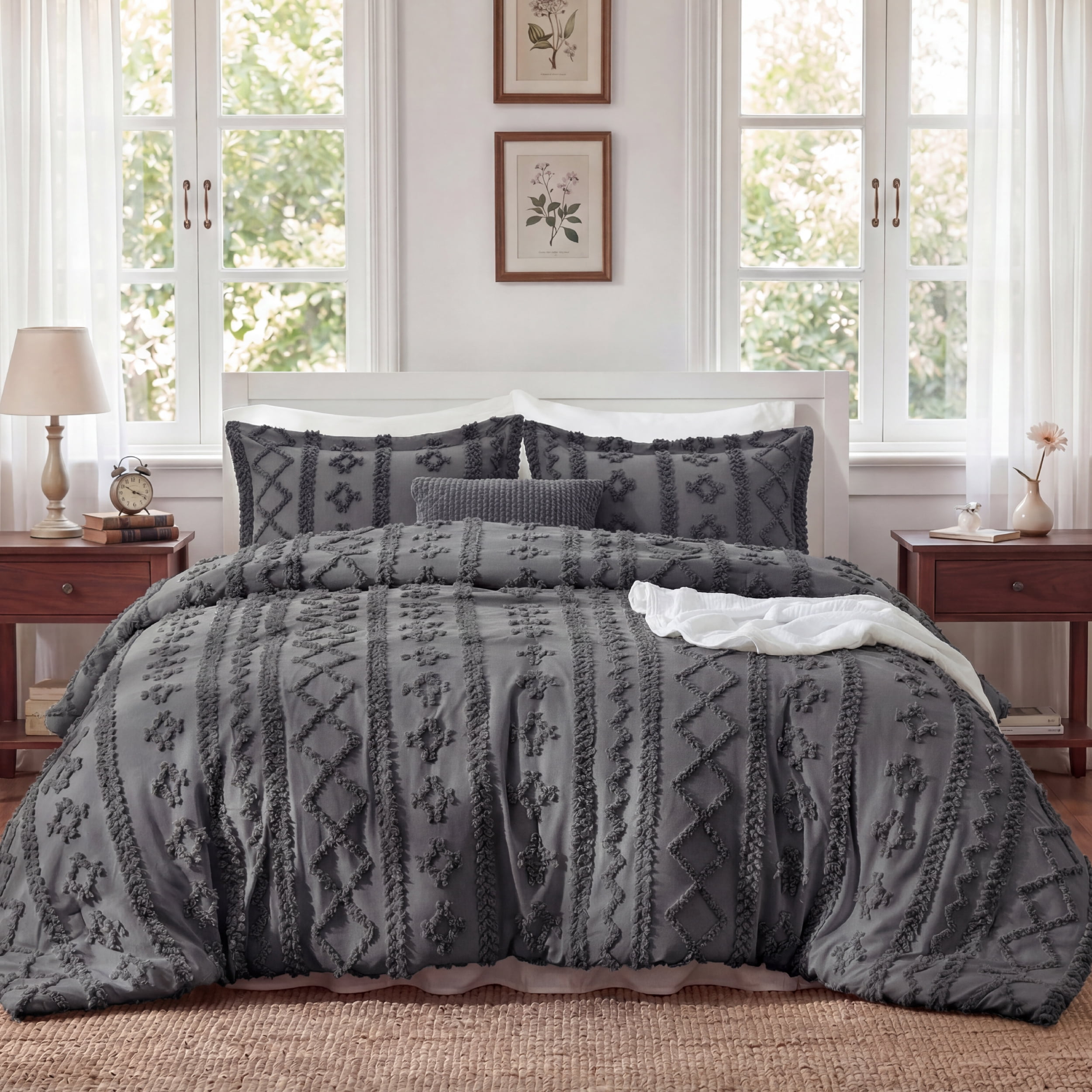 U Bedsure U by Bedsure Tufted Boho King Comforter Set, 3 Pieces Farmhouse Shabby Chic Embroidery Bedding Set, Soft Jacquard Dark Grey Comforter for All Seasons