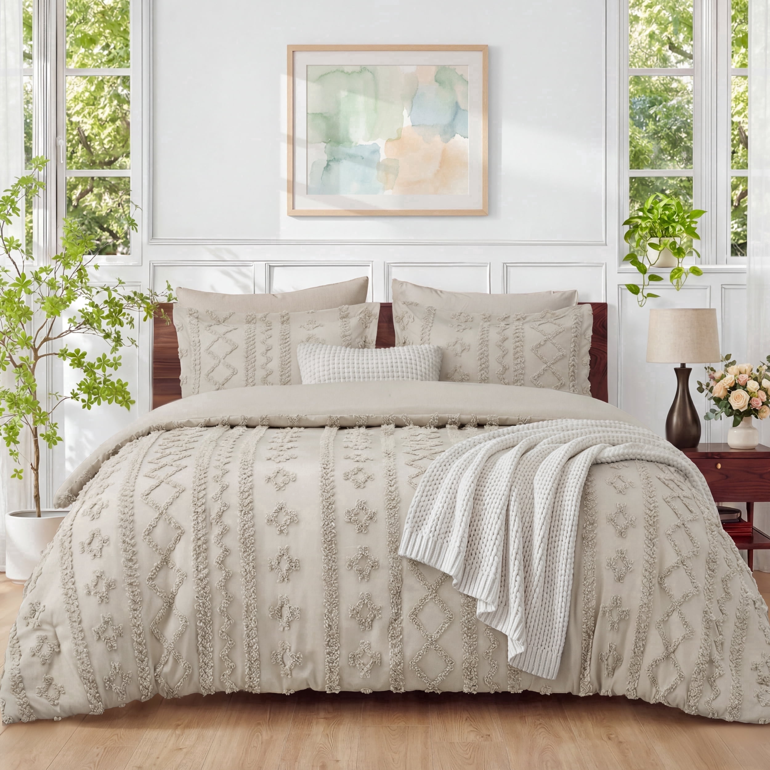 U by Bedsure Tufted Boho Comforter Set, 3 Pieces Farmhouse Shabby Chic Embroidery Bedding Set, Soft Jacquard Comforter for All Seasons, King, Natural, Mother's Day Gift