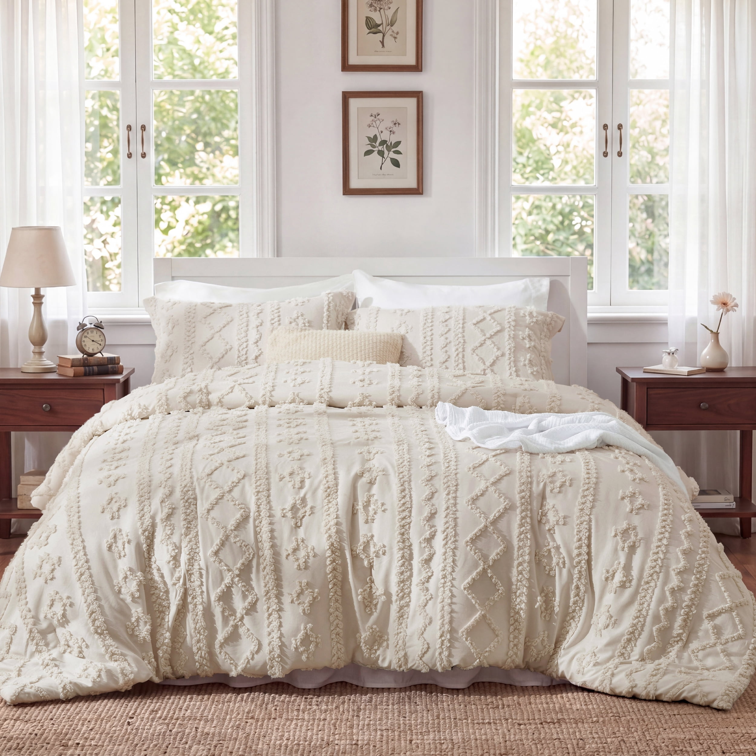 U Bedsure U by Bedsure Tufted Boho Comforter Set King, Beige, 3 Pieces Farmhouse Shabby Chic Embroidery Bedding Set, Soft Jacquard Comforter for All Seasons