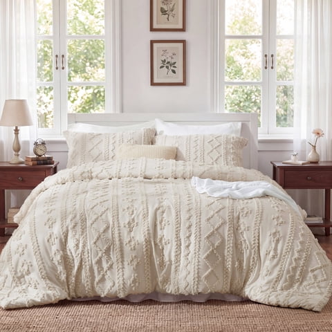 U by Bedsure Tufted Boho Comforter Set King, Beige, 3 Pieces Farmhouse Shabby Chic Embroidery Bedding Set, Soft Jacquard Comforter for All Seasons