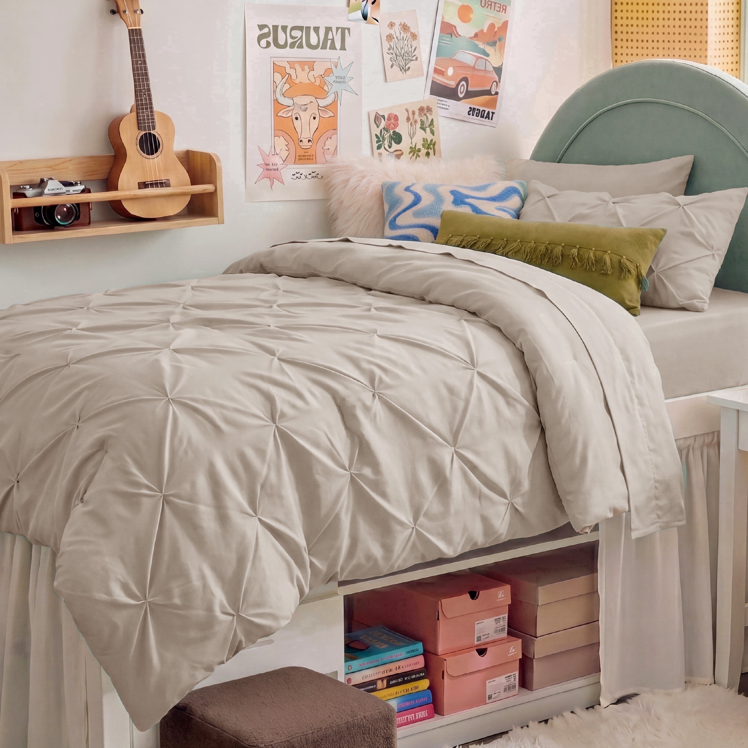 U Bedsure U by Bedsure Twin/Twin XL Comforter Set Beige, Bedding for College Dorm, 5 Pieces Bed in a Bag with Pinch Pleat Comforter, Sheets, Pillowcases & Shams
