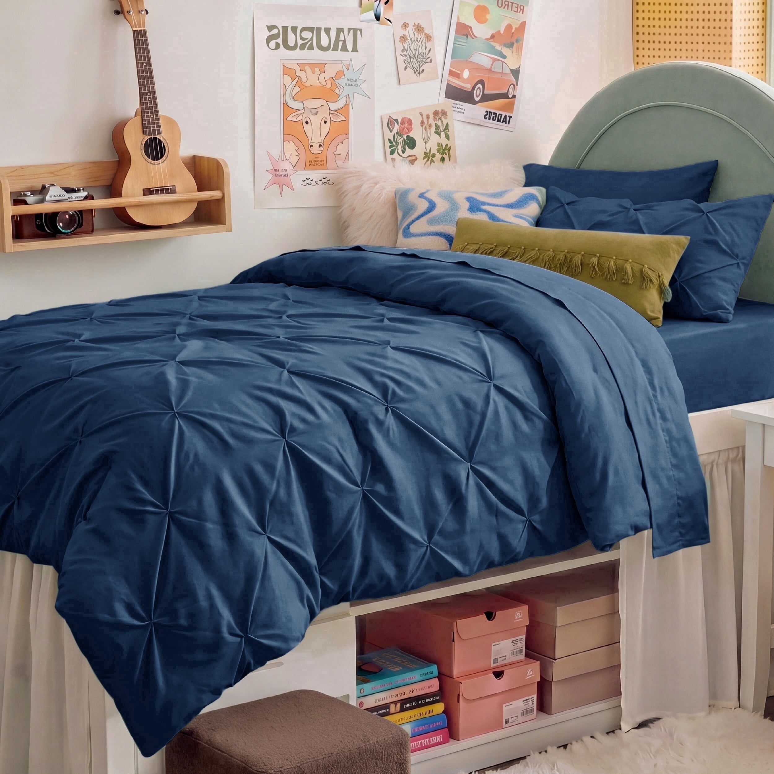 U Bedsure U by Bedsure Twin/Twin XL Comforter Set Navy, Bedding for College Dorm, 5 Pieces Bed in a Bag with Pinch Pleat Comforter, Sheets, Pillowcases & Shams