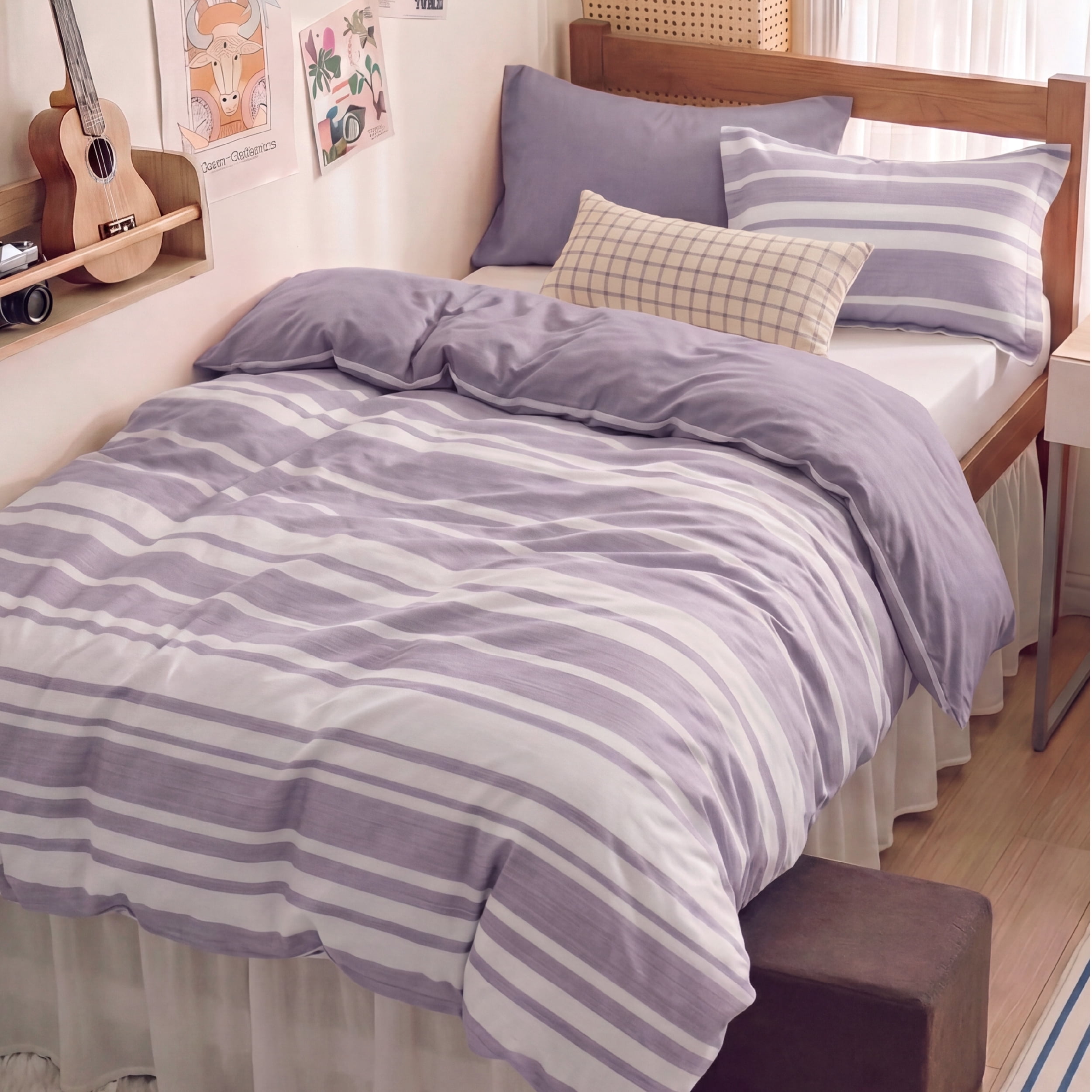 U Bedsure U by Bedsure Twin/Twin-XL Comforter Set Purple, 5 Pieces Reversible Bed in a Bag, Striped Dorm Bedding Set, All-Season