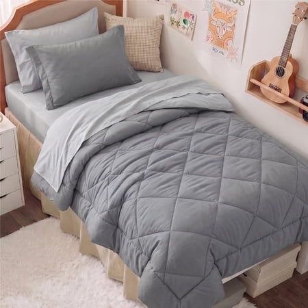 U by Bedsure Twin/Twin-XL Comforter Set, 5 Pieces Bed in a Bag, Reversible Lightweight Dorm Bedding Set, Gray