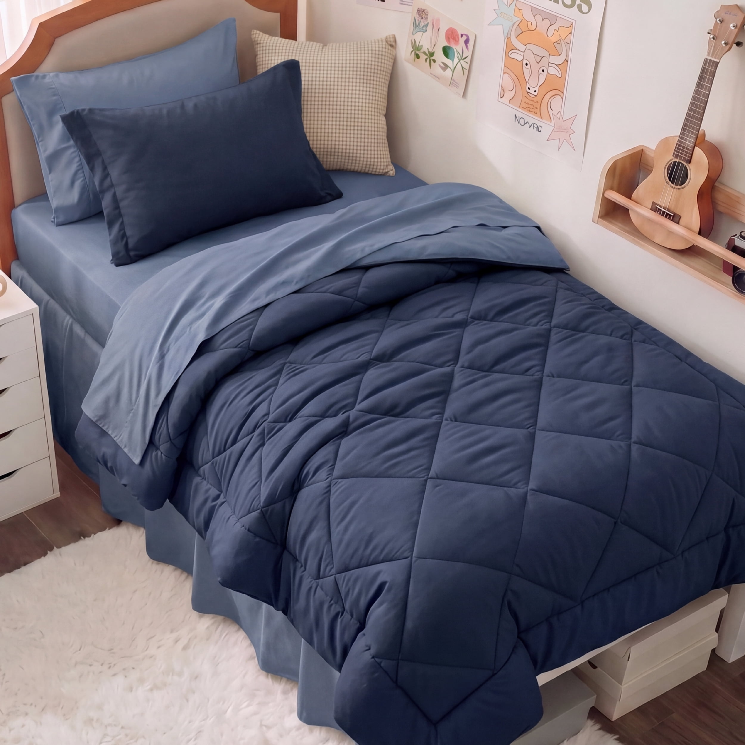 U Bedsure U by Bedsure Twin/Twin-XL Comforter Set, 5 Pieces Bed in a Bag, Reversible Lightweight Dorm Bedding Set, Navy