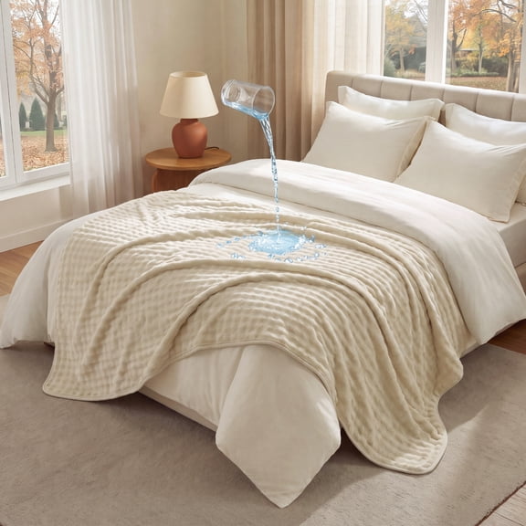 U by Bedsure Waterproof Throw Blanket Dual Sided Beige White Stain Resistant 50x60inch