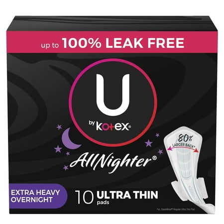 U by Kotex AllNighter Extra Heavy Overnight Pads with Wings, Ultra Thin, 10 Count