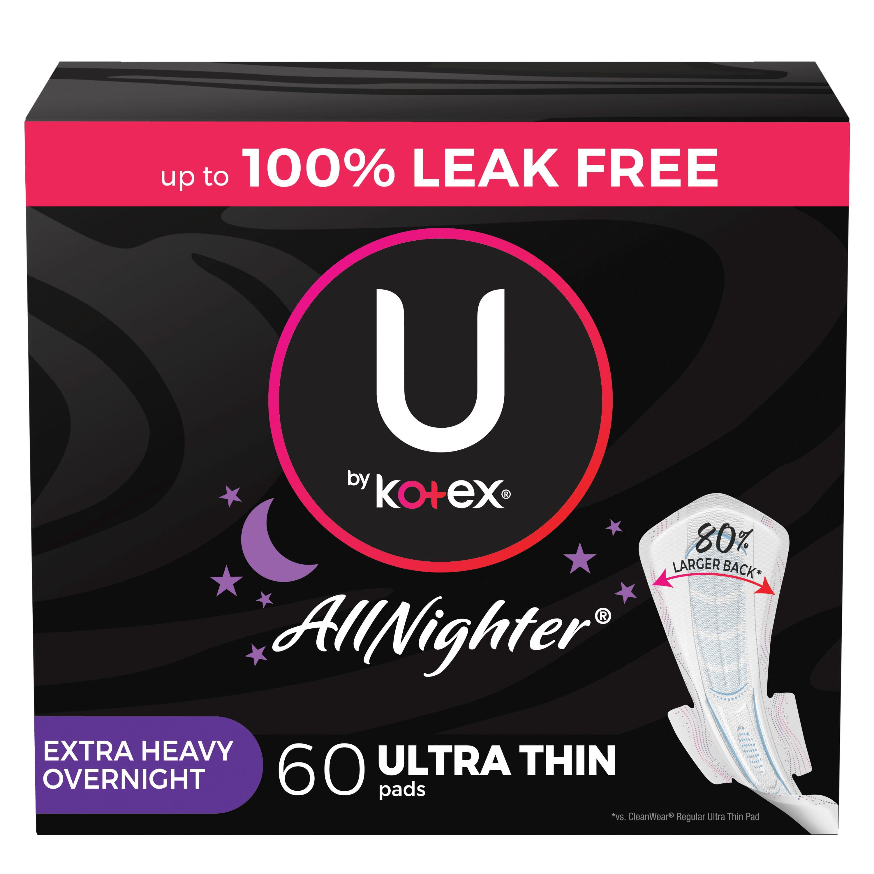 U by Kotex AllNighter Extra Heavy Overnight Feminine Pads with Wings, Ultra  Thin, 60 Count (3 Packs of 20) (Packaging May Vary) : : Health &  Personal Care