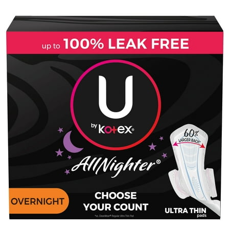U by Kotex AllNighter Overnight Pads with Wings, Ultra Thin, 36 Count