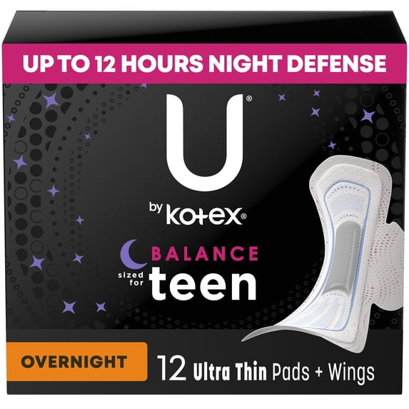 U by Kotex Balance Sized for Teens Ultra Thin Overnight Pads with Wings, 12 Count