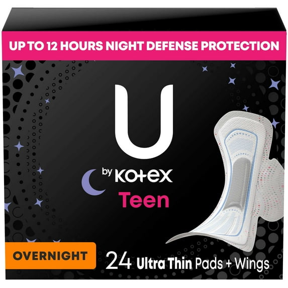 U by Kotex Balance Teen Ultra Thin Overnight Pads with Wings, 24 Ct