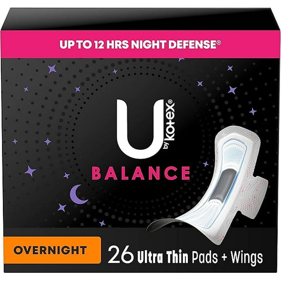 U by Kotex Balance Ultra Thin Overnight Pads with Wings, 26 Count (Packaging May Vary)