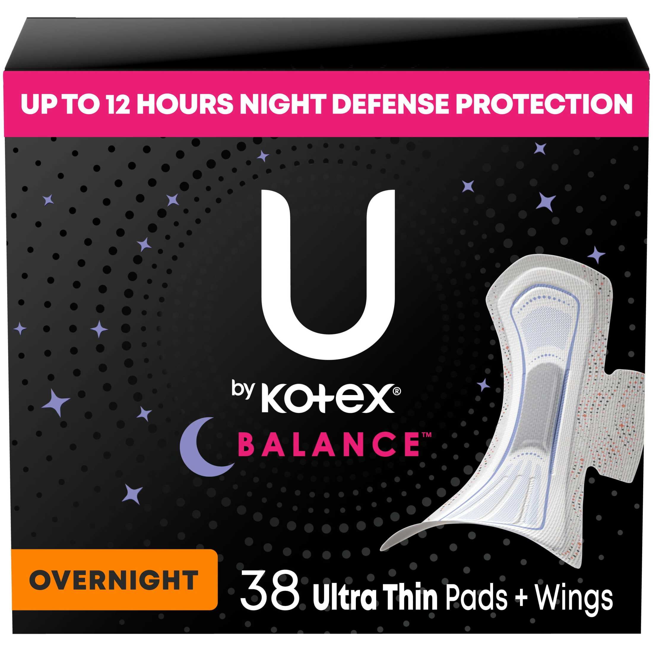 U by Kotex Balance Ultra Thin Overnight Pads with Wings, 38 Ct