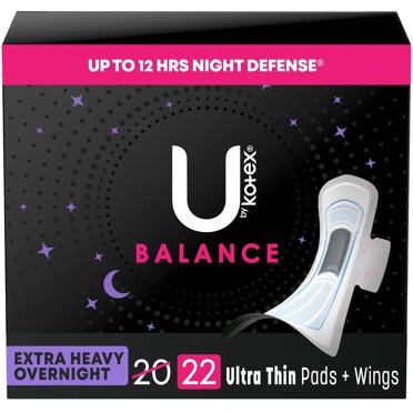 U by Kotex Balance Ultra Thin Overnight Pads with Wings, Extra Heavy Absorbency, 22 Ct