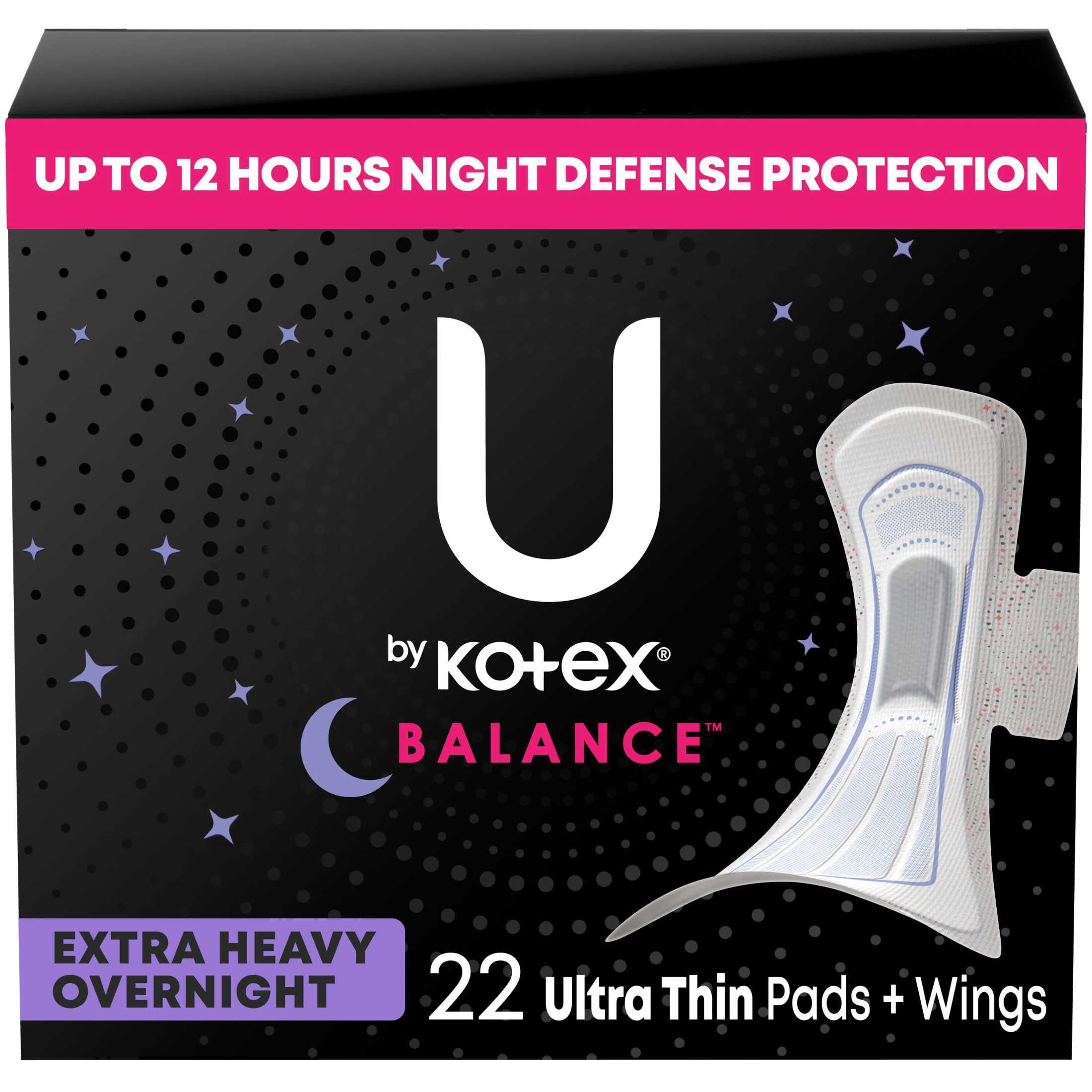U by Kotex Balance Ultra Thin Overnight Pads with Wings, Extra Heavy Absorbency, 22 Ct