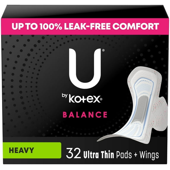 U by Kotex Balance Ultra Thin Pads with Wings, Heavy Absorbency, 32 Count