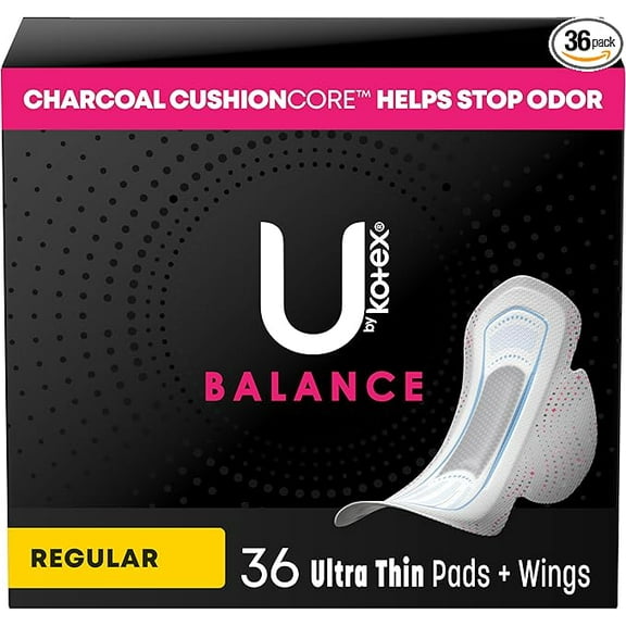 U by Kotex Balance Ultra Thin Pads with Wings, Regular Absorbency, 36 Count (Packaging May Vary)