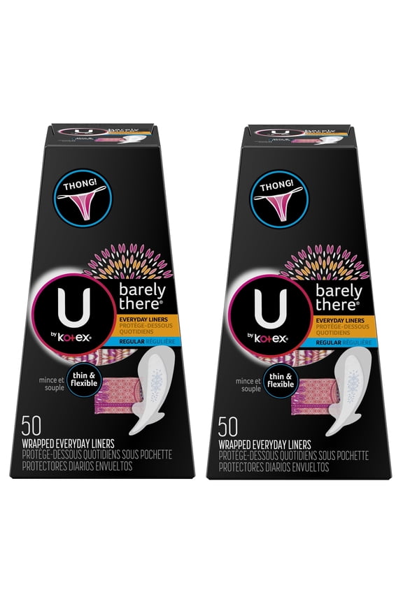 U by Kotex Barely There Liners, Thong, Light Absorbency, Unscented, 50 Count - 2 Pack