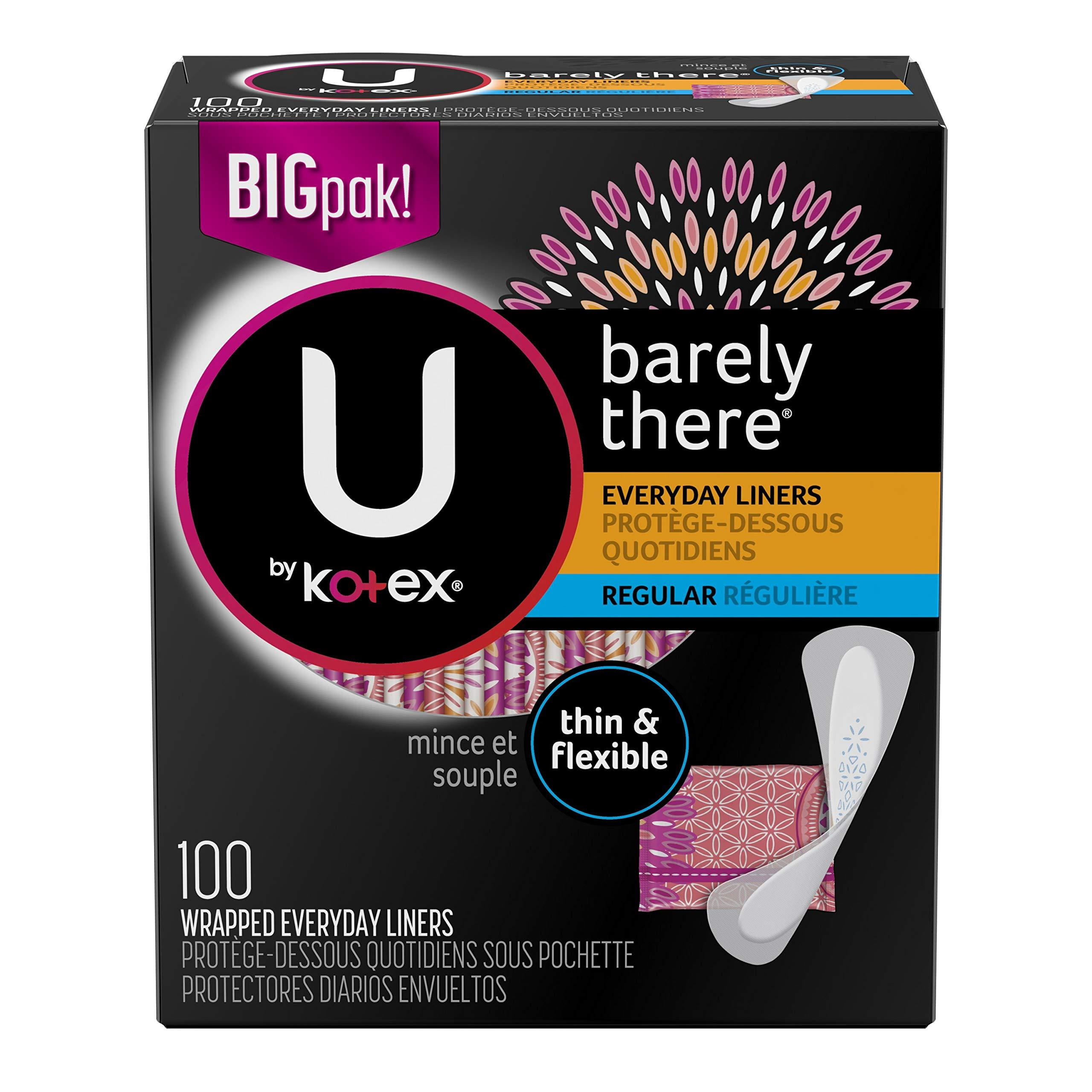 U by Kotex Barely There Thin Panty Liners, Light Absorbency, Regular Length, Unscented, 100 Count (Packaging May Vary)