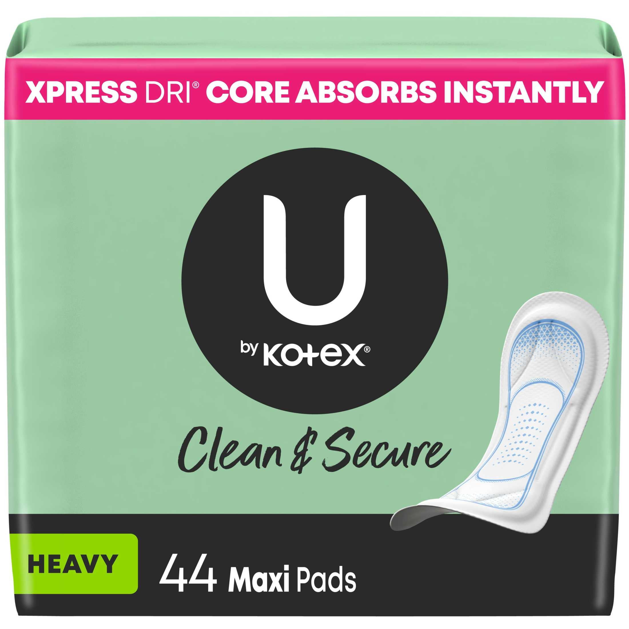 U by Kotex Clean & Secure Maxi Pads, Heavy Absorbency, 44 Count