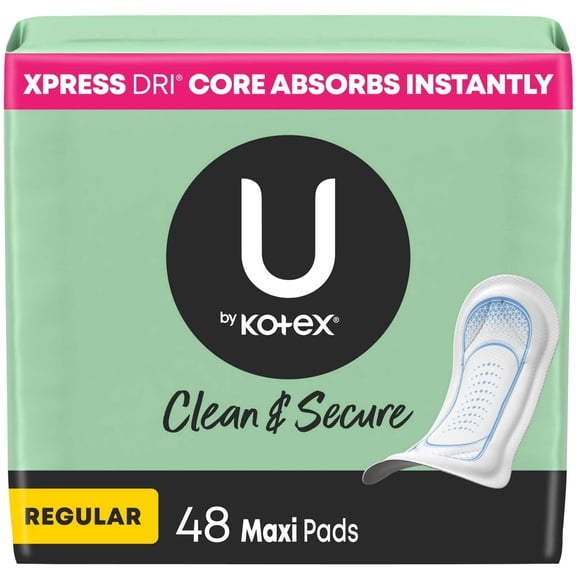 U by Kotex Clean & Secure Maxi Pads, Regular Absorbency, 48 Count - 1 Pack