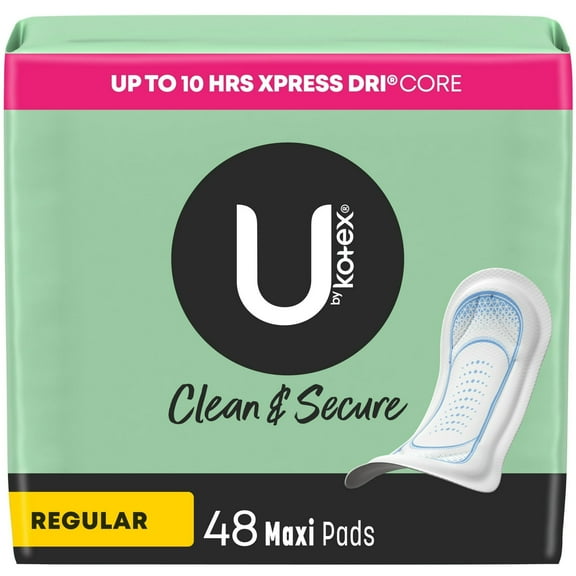 U by Kotex Clean & Secure Maxi Pads, Regular Absorbency, 48 Count - 2 Pack