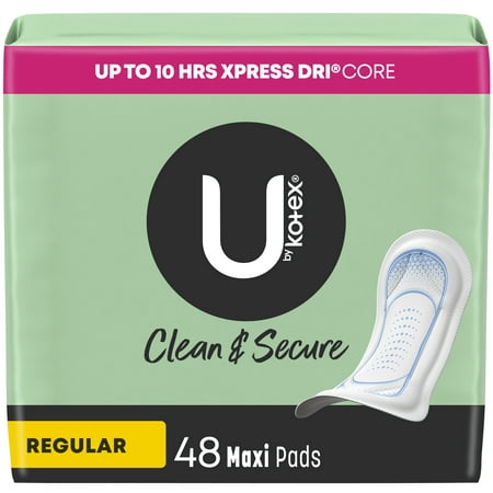 U by Kotex Clean & Secure Maxi Pads, Regular Absorbency, 48 Count