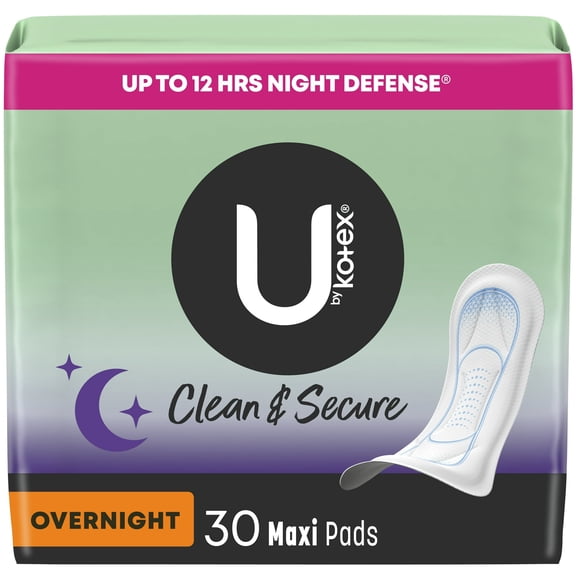 U by Kotex Clean & Secure Overnight Maxi Pads, 30 Count