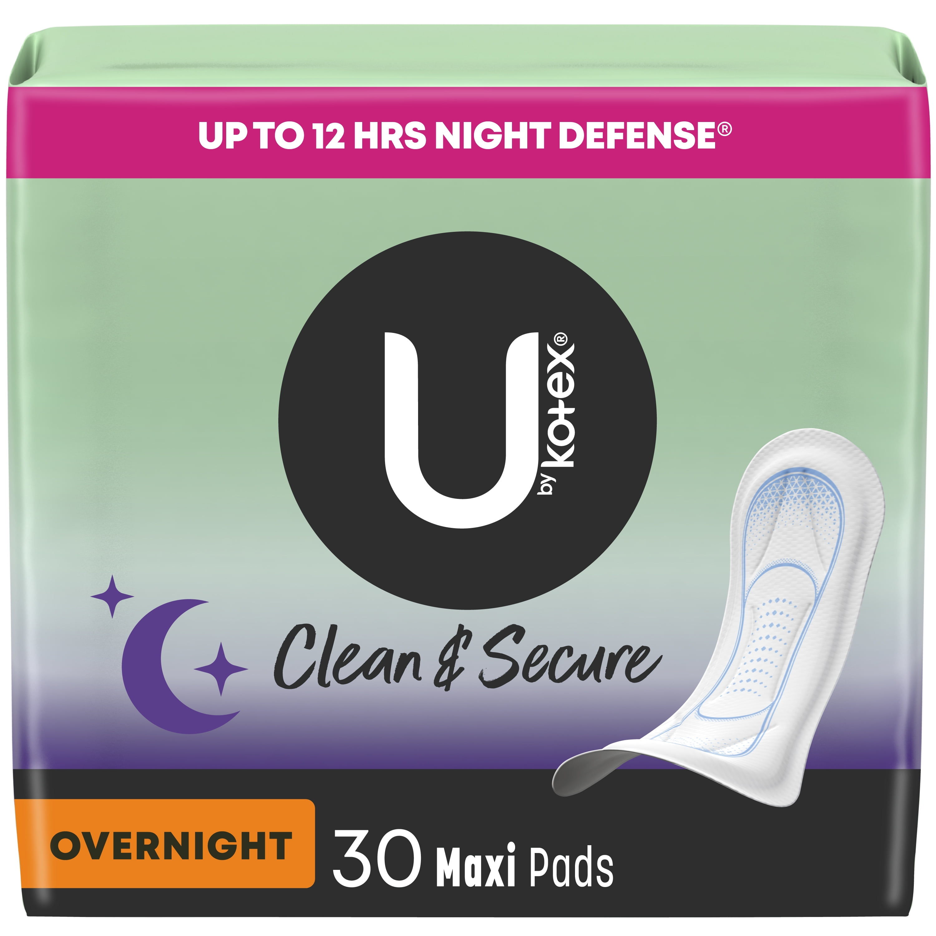 U by Kotex Clean & Secure Overnight Maxi Pads Without Wings, 30 Count