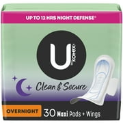 U by Kotex Clean & Secure Overnight Maxi Pads with Wings, 30 Count