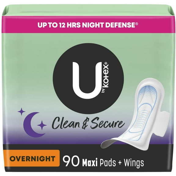 U by Kotex Clean & Secure Overnight Maxi Pads with Wings, 90 Count (3 Packs of 30) (Packaging May Vary)