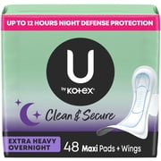 U by Kotex Clean & Secure Overnight Maxi Pads with Wings, Extra Heavy Absorbency, 48 Count 2 Packs of 24 Packaging May Vary