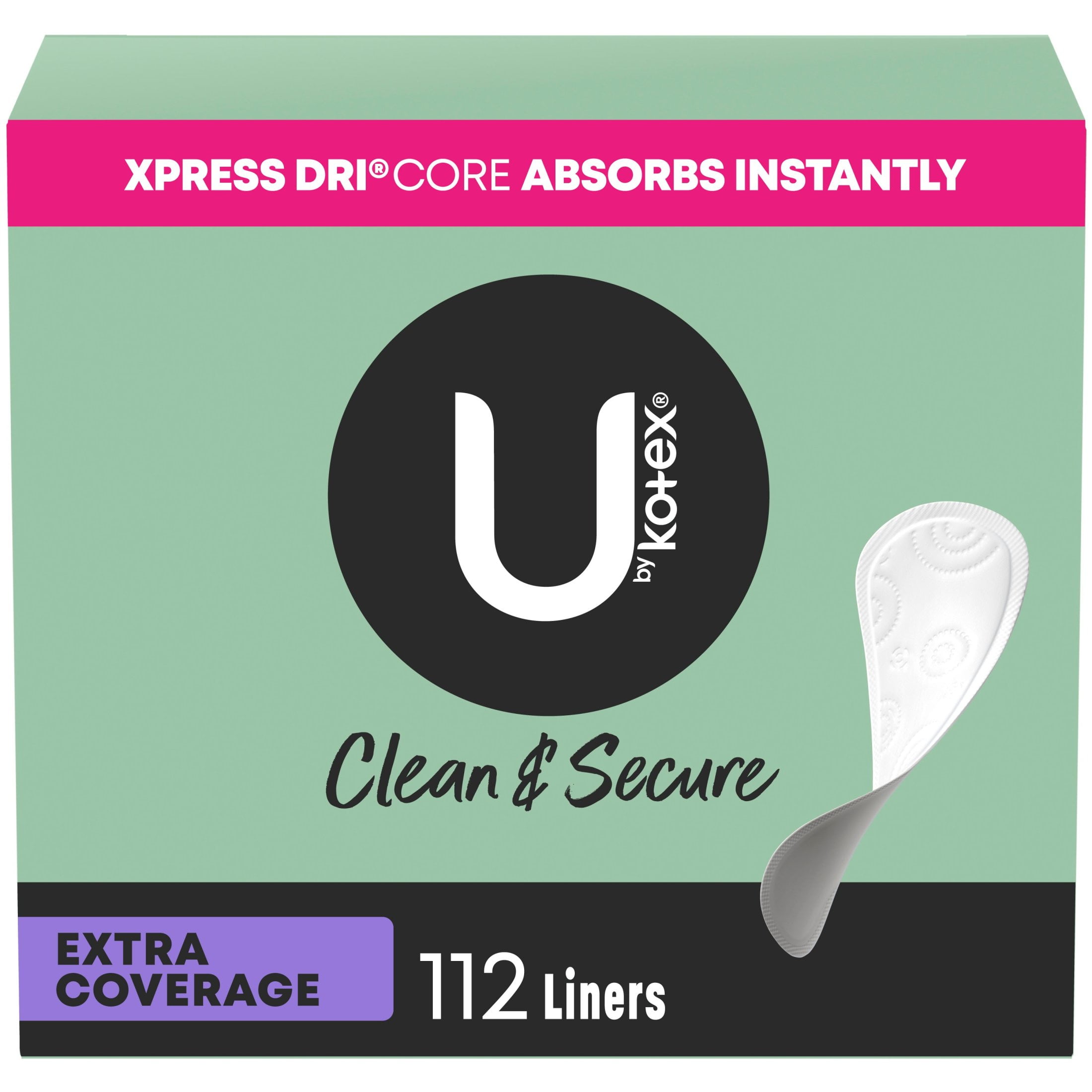 U by Kotex Clean & Secure Panty Liners, Light Absorbency, Extra Coverage, 112 Count