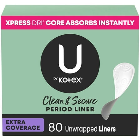U by Kotex Clean & Secure Panty Liners, Light Absorbency, Extra Coverage, 80 Count