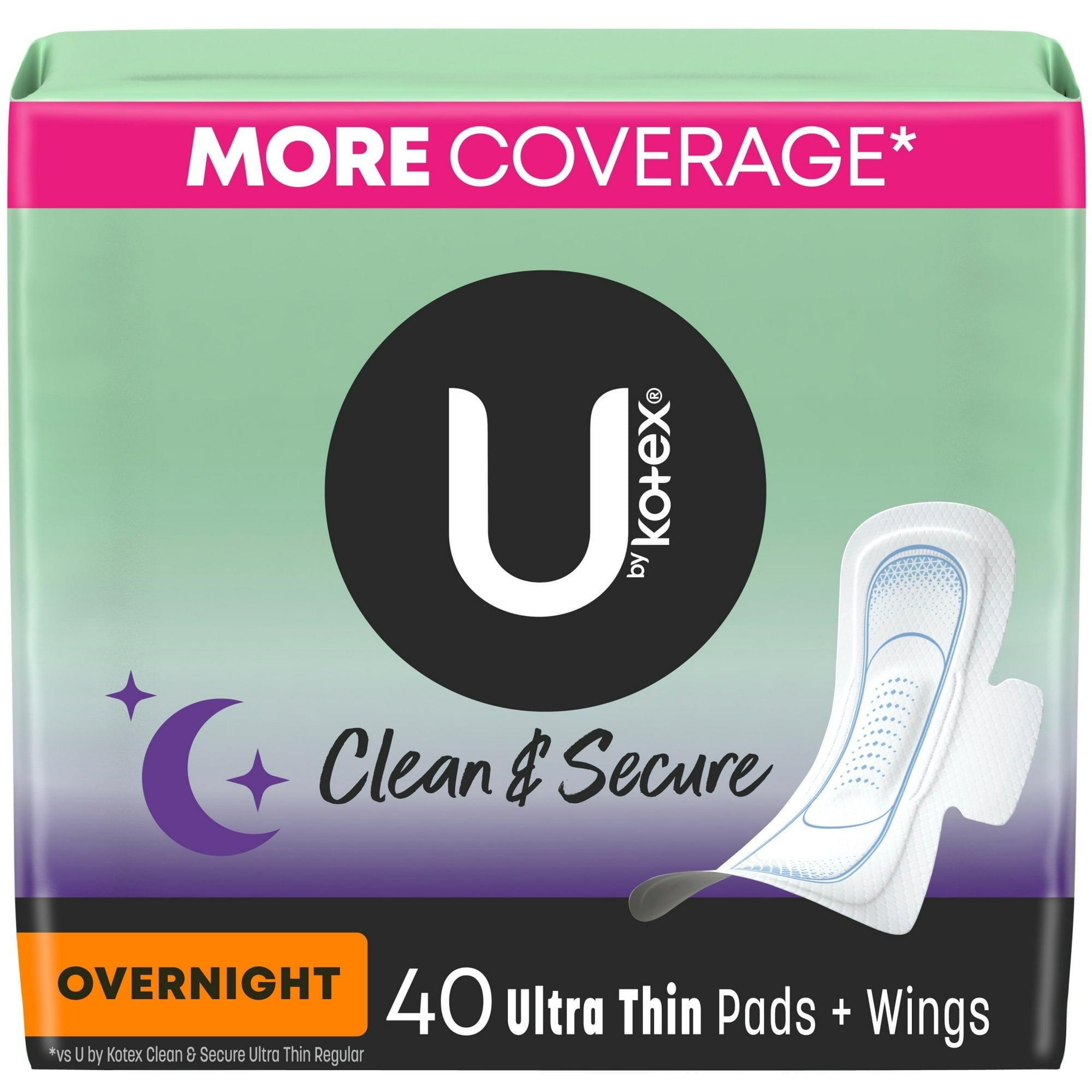 U by Kotex Clean & Secure Ultra Thin Overnight Pads with Wings, 40 Ct- Pack of 3