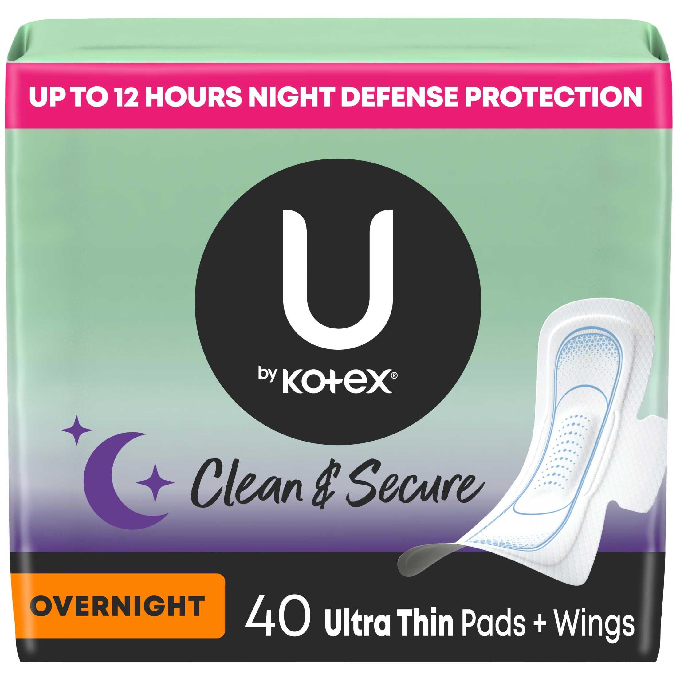 U by Kotex Clean & Secure Ultra Thin Overnight Pads with Wings, 40 Ct