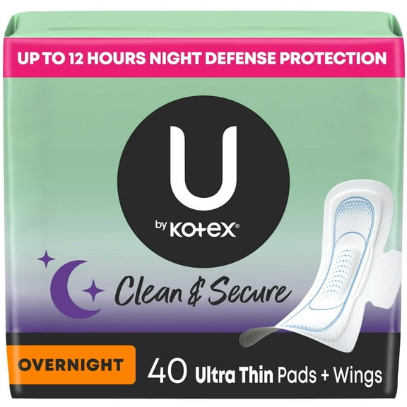 U by Kotex Clean & Secure Ultra Thin Overnight Pads with Wings, 40 Ct