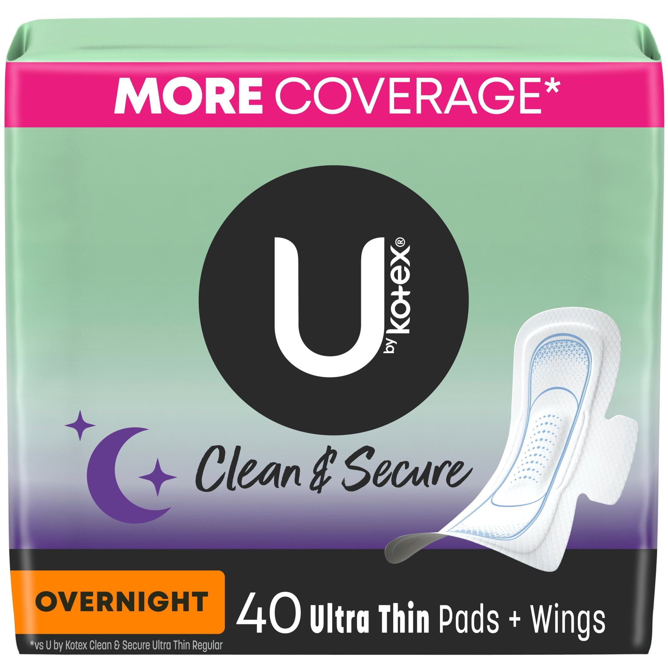 U by Kotex Clean & Secure Ultra Thin Overnight Pads with Wings, 40 Ct